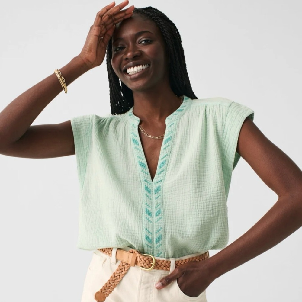 Faherty *NWT* Dream Cotton Gauze Lucia Top in Surf Spray | Size L